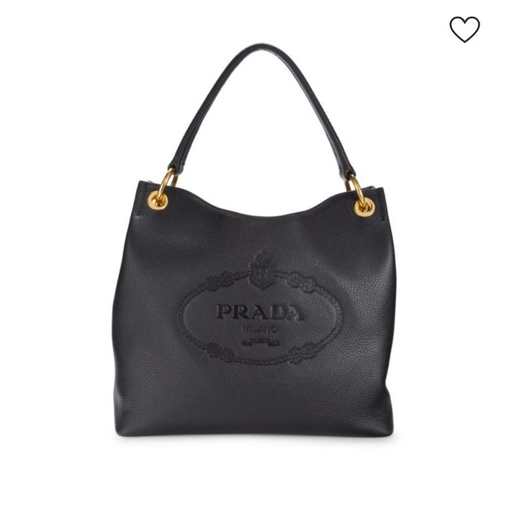 Prada Black Leather Vitello Phenix Embossed Hobo Bag with Gold hardware